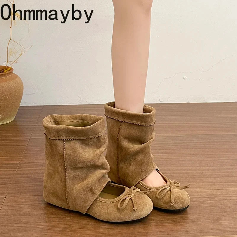 Women's Vintage Suede Mid-Calf Booties Butterfly-Knot Wedge