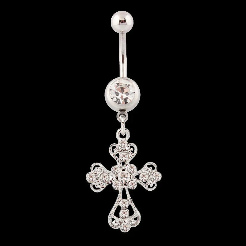 Crystal Rhinestone Cross Belly Button Ring – Stainless Steel