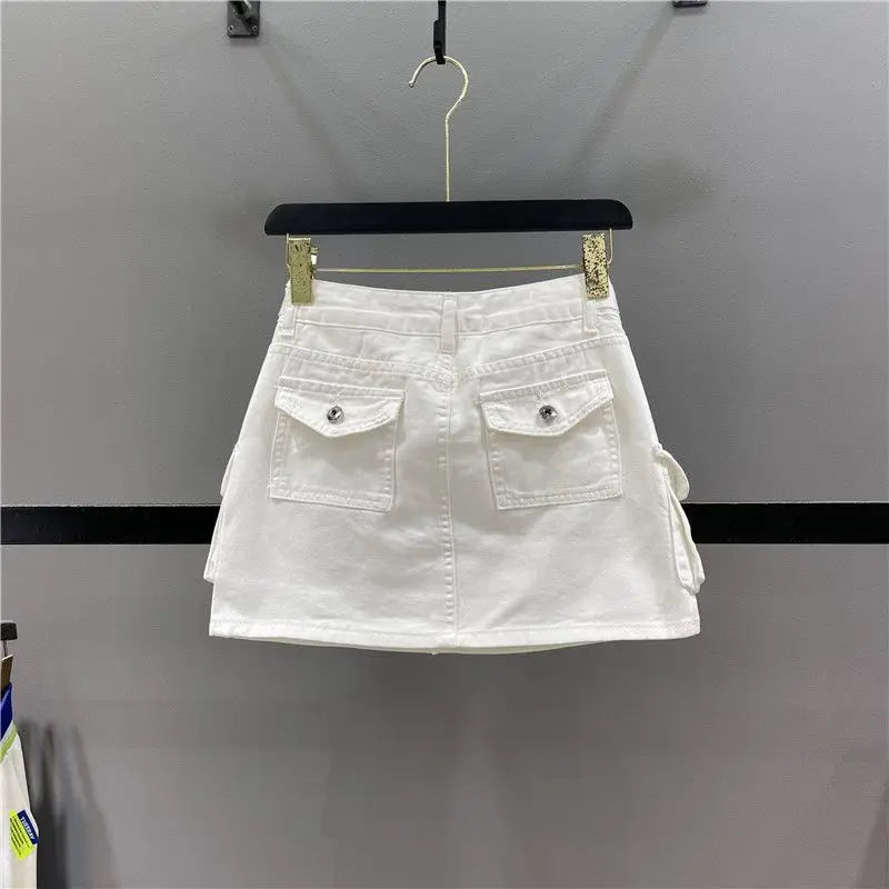 Women's Denim Mini Cargo Skirt – A-Line Zipper Fly Jean Skirt