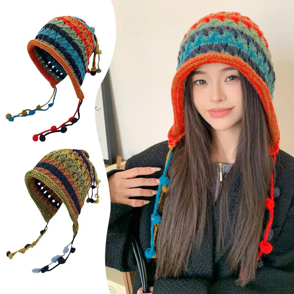 Women's Rainbow Striped Knit Beanie Hat – Warm Winter Ear Cap