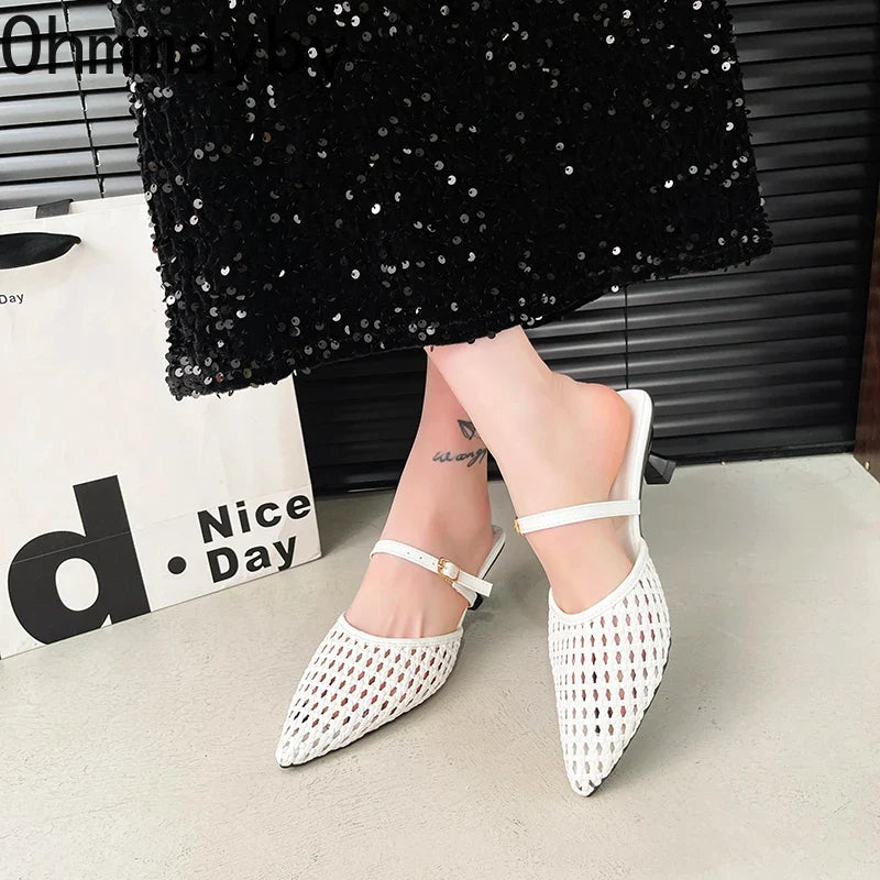 Women's Hollow Weave High Heel Mules – Square Heel Dress Slides