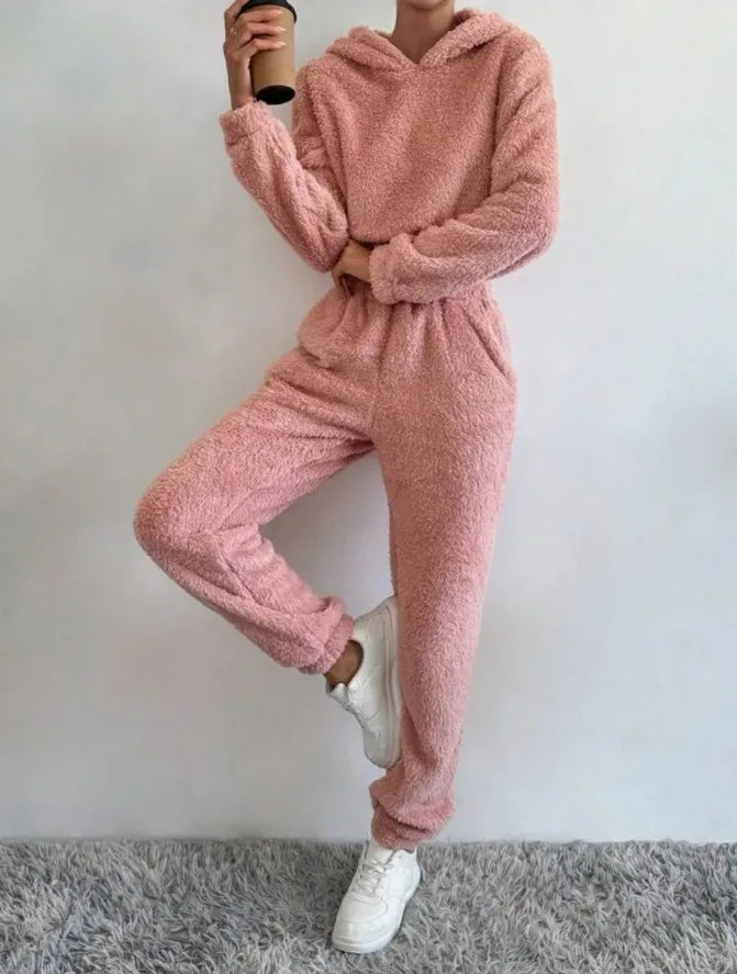Women's Plush Hooded Loungewear Set – Cozy Winter Homewear