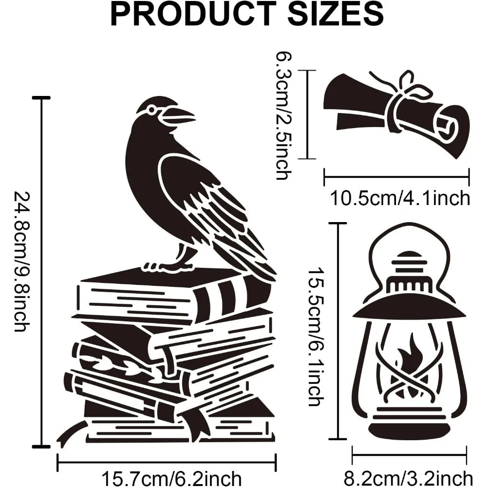 Crow & Book Stencil Set 11.8" – Raven, Candle & Pen Patterns