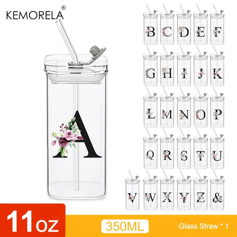 KEMORELA 300ml Letter-Shaped Glass Tumbler with Lid & Straw