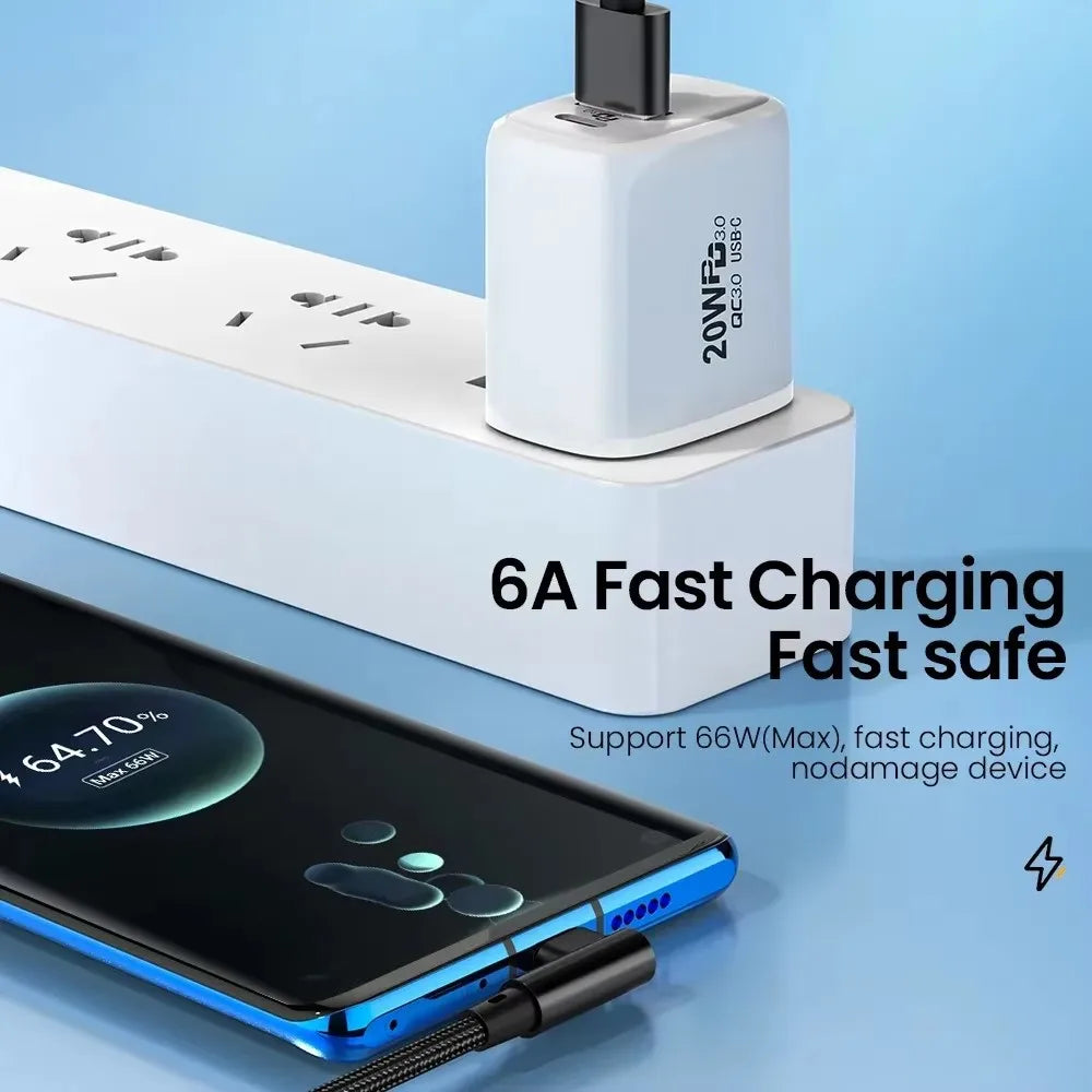 66W USB-A to USB-C Fast Charging Cable | 90° Nylon Braided