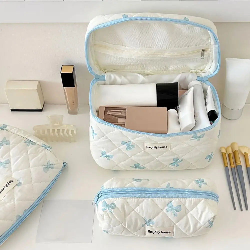 Quilted Floral Makeup Bag Set – 3 Sizes Travel Cosmetic Pouch