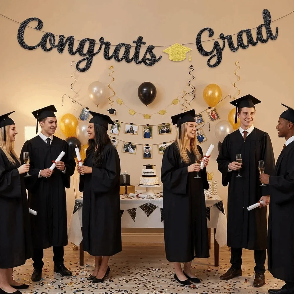 Gold Glitter Graduation Party Banner Garland – Reusable Decor