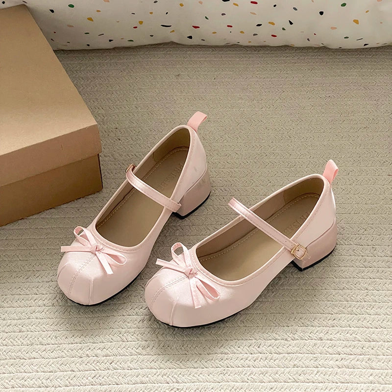 Women's Satin Butterfly-Knot Mary Jane Block Heel Pumps