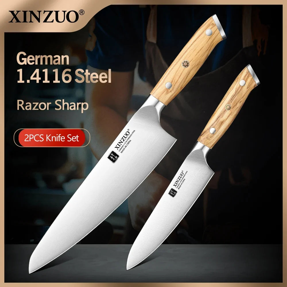 XINZUO German Steel Chef & Utility Knife Set – Olive Wood Handle