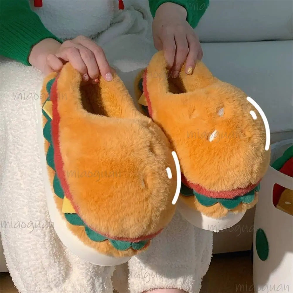 Women's Cartoon Hamburger Plush Platform Slippers | Fluffy