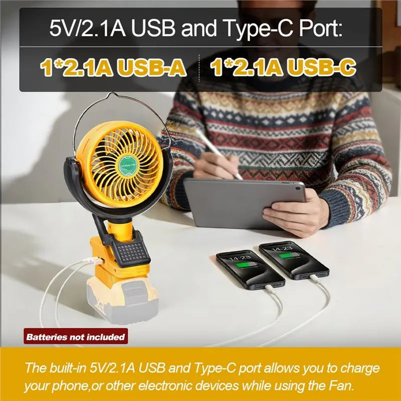 Cordless Clip Fan for DeWalt 20V/60V | 2-Speed Dual USB Fan