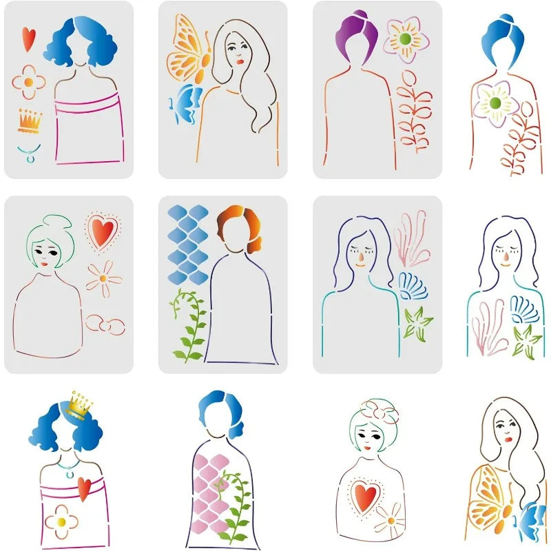 6-Piece Lady Silhouette Stencil Set – Layered Drawing Templates