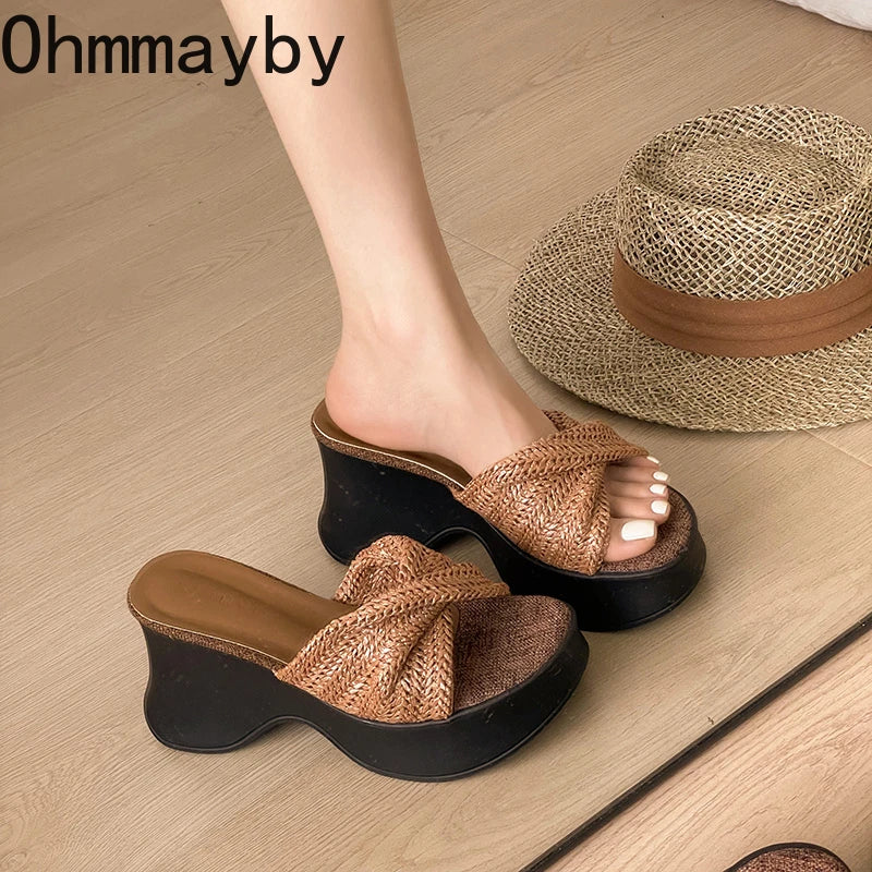 Women's Woven Platform Wedge Sandals – Open Toe Slides