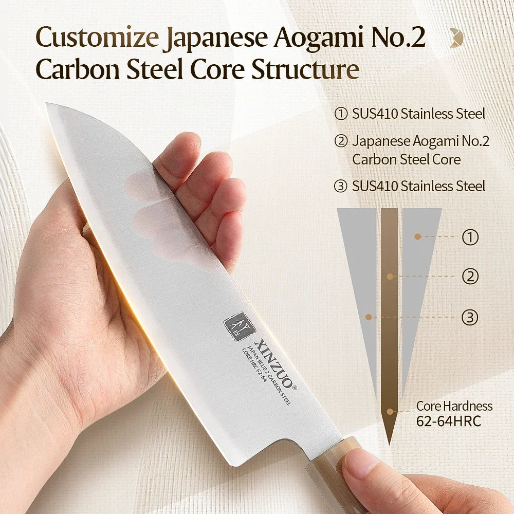 XINZUO Santoku Knife 7.24" Aogami No.2 Steel | Maple Horn Handle