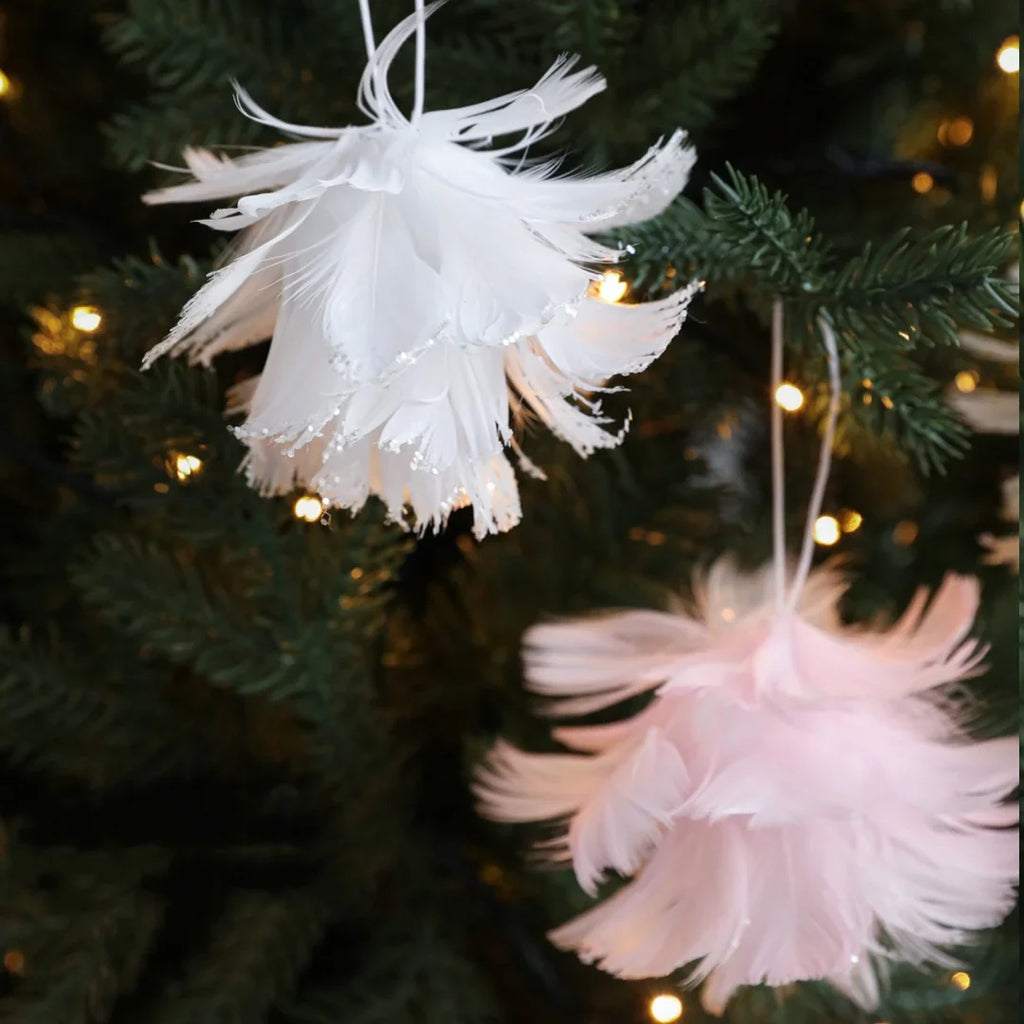 Pink White Feather Petal Glitter Christmas Foam Ball Ornament