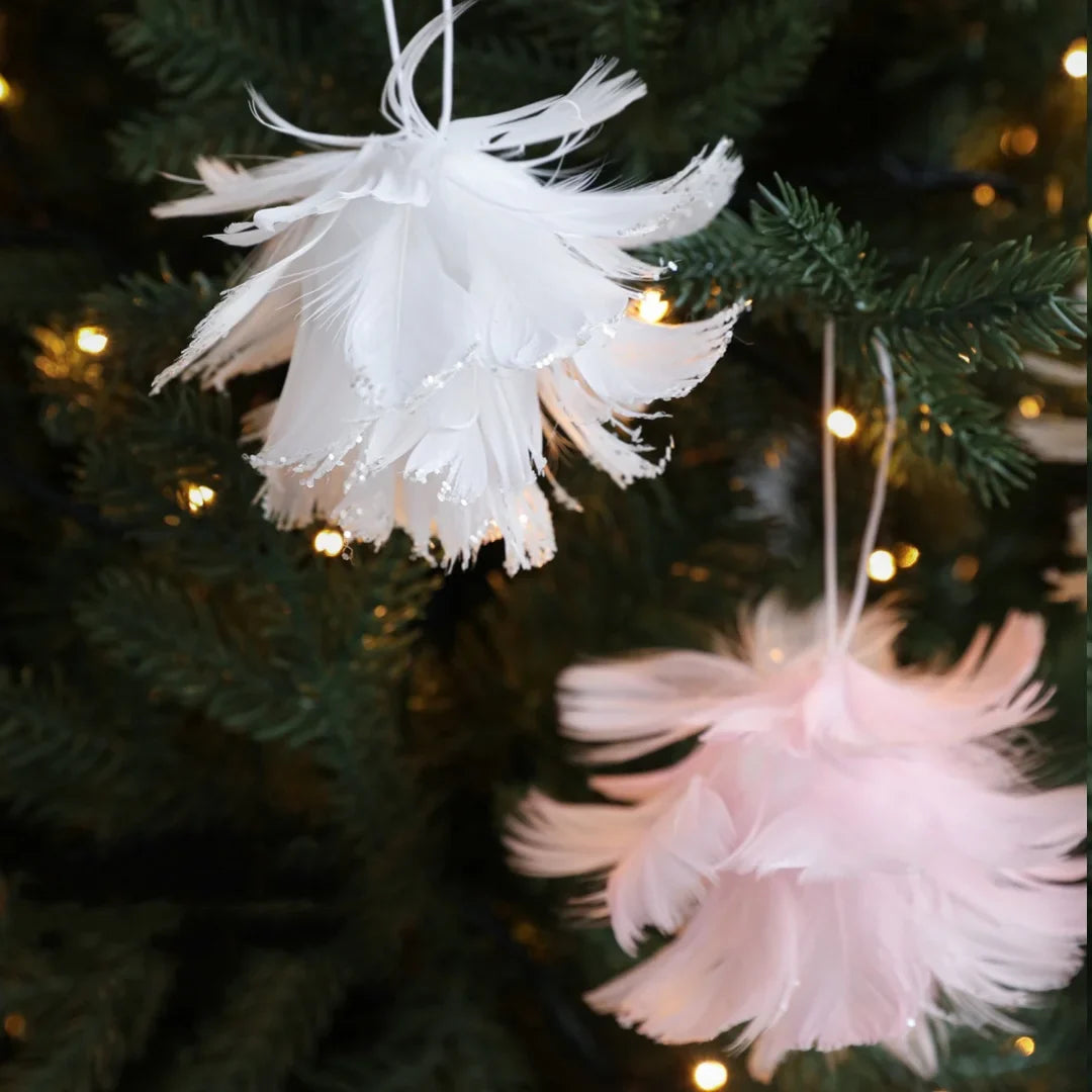 Pink White Feather Petal Glitter Christmas Foam Ball Ornament