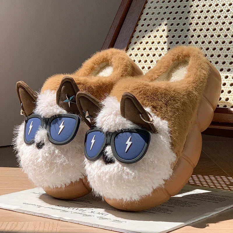 Cute Dog Head Fluffy Slippers – Women's Winter Indoor Slides