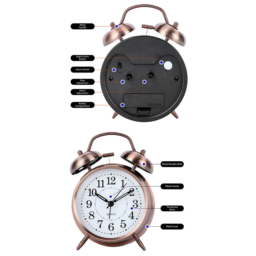 Vintage Twin-Bell Alarm Clock | Silent Sweep & Night Light