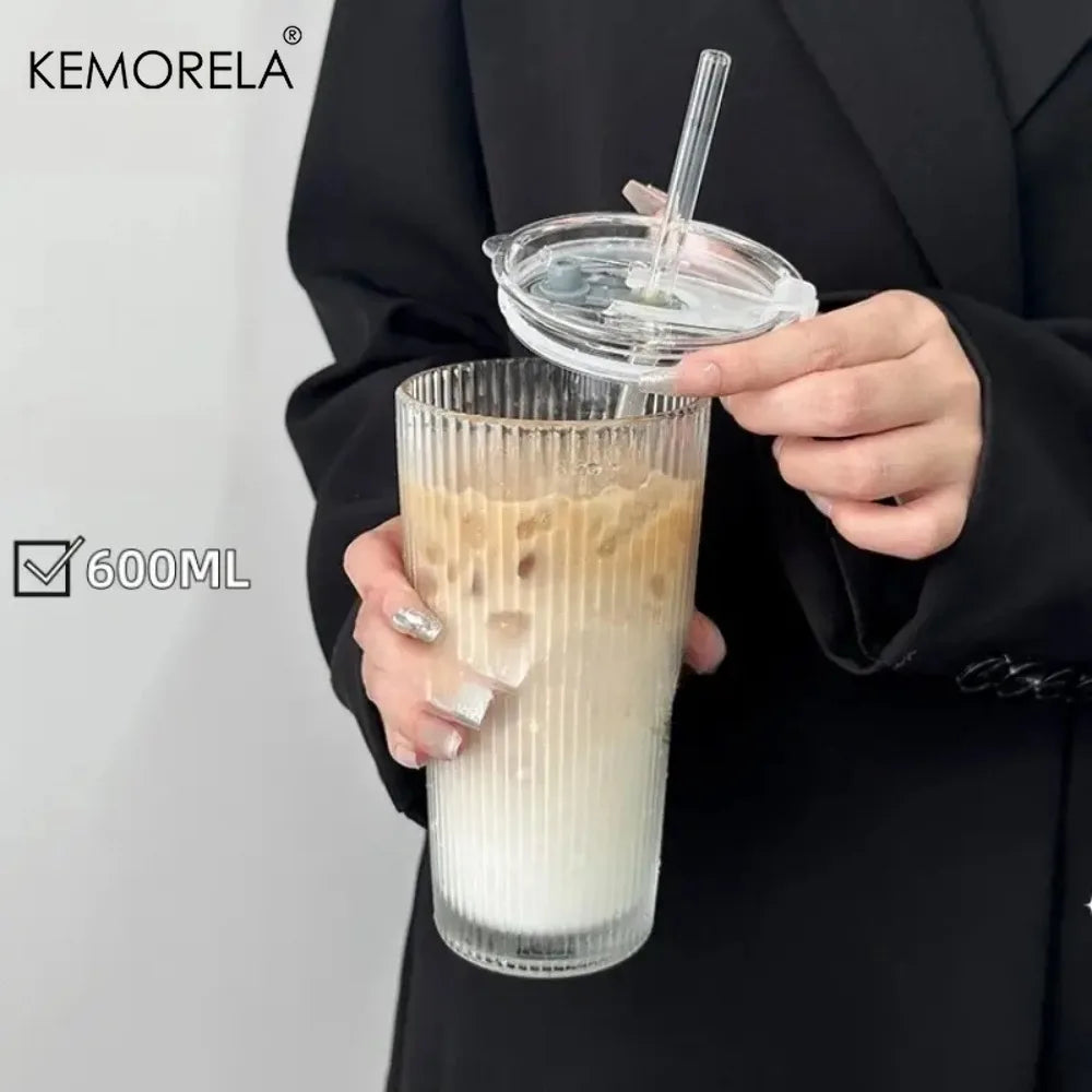KEMORELA 600ml Stripe Glass Cup with Lid & Straw