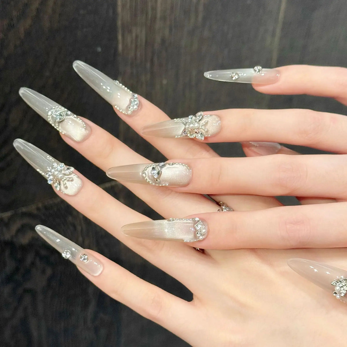 YADORNOS Cat's Eye Press On Nails | Diamond Butterfly French Set