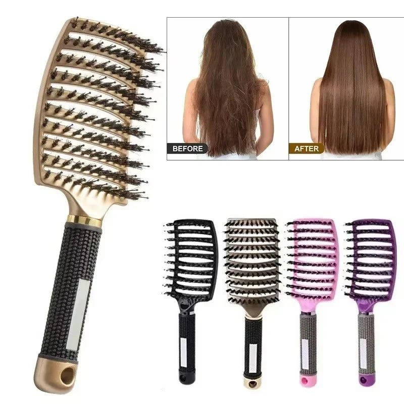 Women's Boar Bristle Hair Brush Scalp Massage Comb Wet Curly Detangle