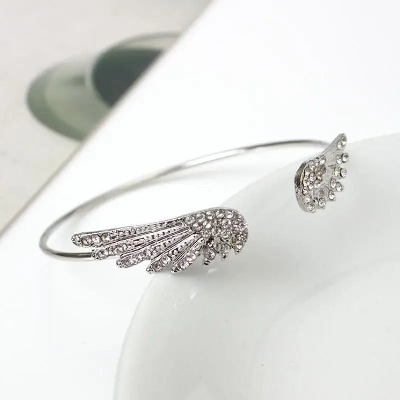 Angel Wings Silver Open Bangle Bracelet – Adjustable Women's Cuff
