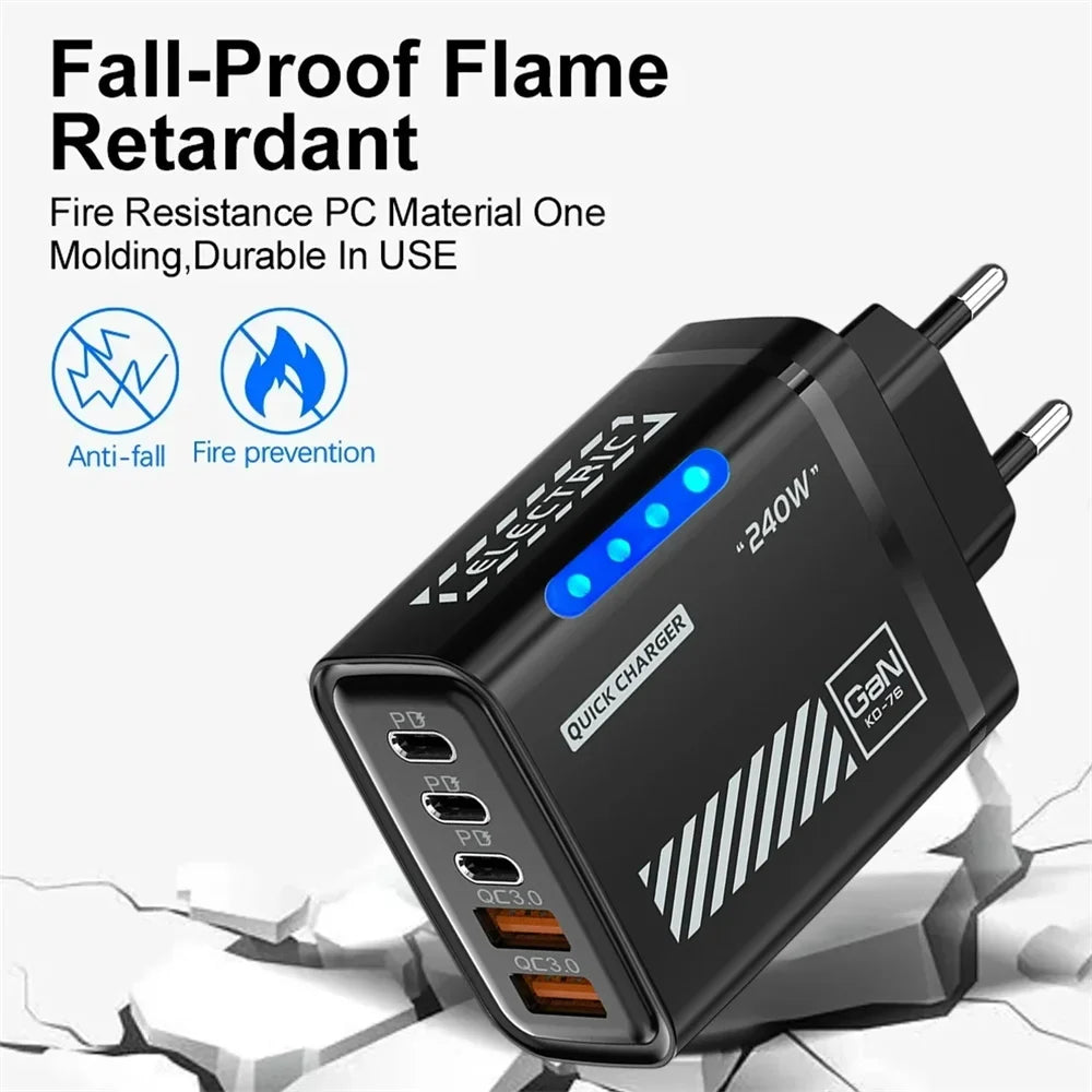 240W GaN 5-Port USB-C PD Charger | Quick Charge 3.0 Desktop