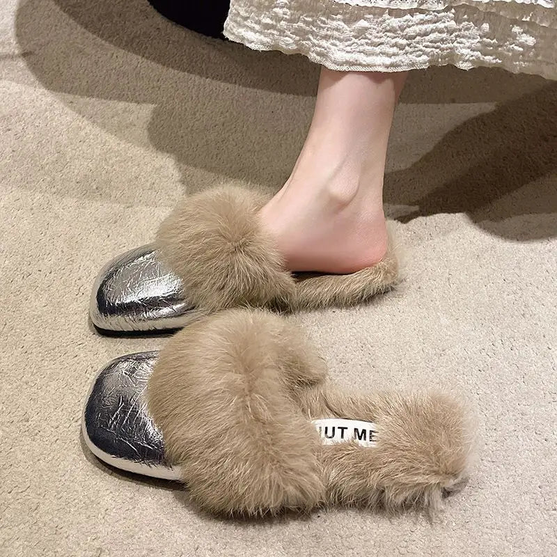 Women's Plush Flat Half Slippers – Warm Non-Slip Winter Shoes