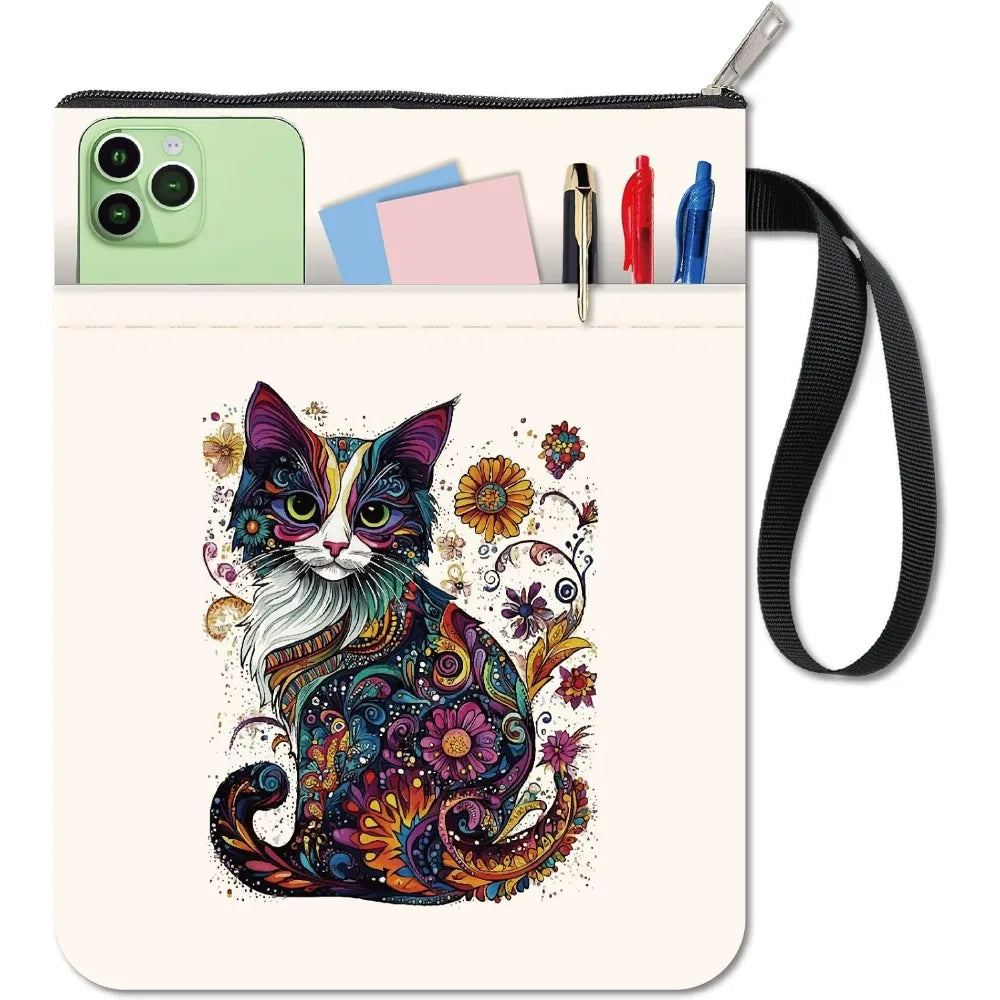 Cat Book Sleeve 11x8.7" – Washable Fabric Cover with Zipper Pocket