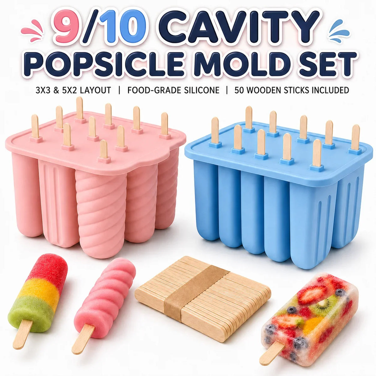 Silicone Popsicle Mold 9/10 Cavity + 50 Wooden Sticks | Ice Pop