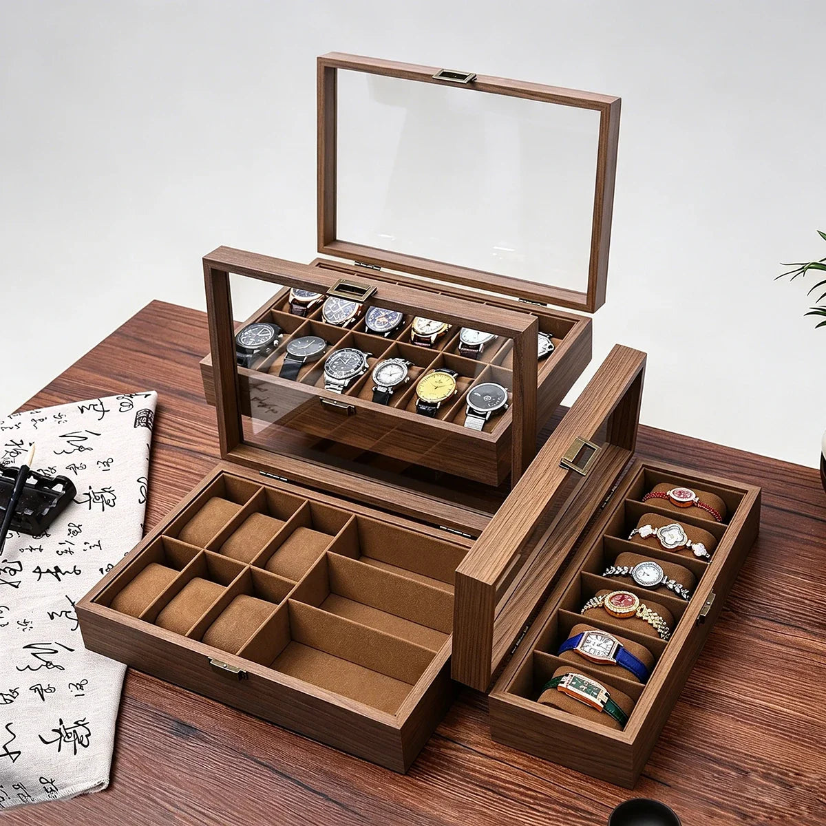 Multi Grid Wooden Watch Box Glass Cover Adjustable Jewelry Storage
