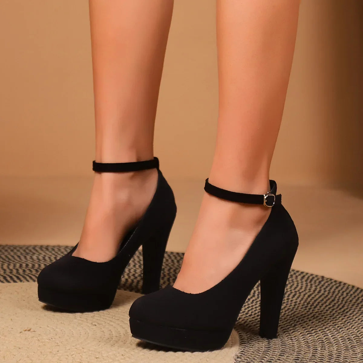 Women's Retro Mary Jane Flats – Black Suede Ankle Strap Shoes