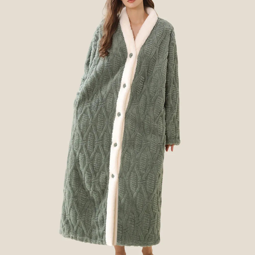 Women's Flannel Robe – Soft V-Neck Button Long Nightgown