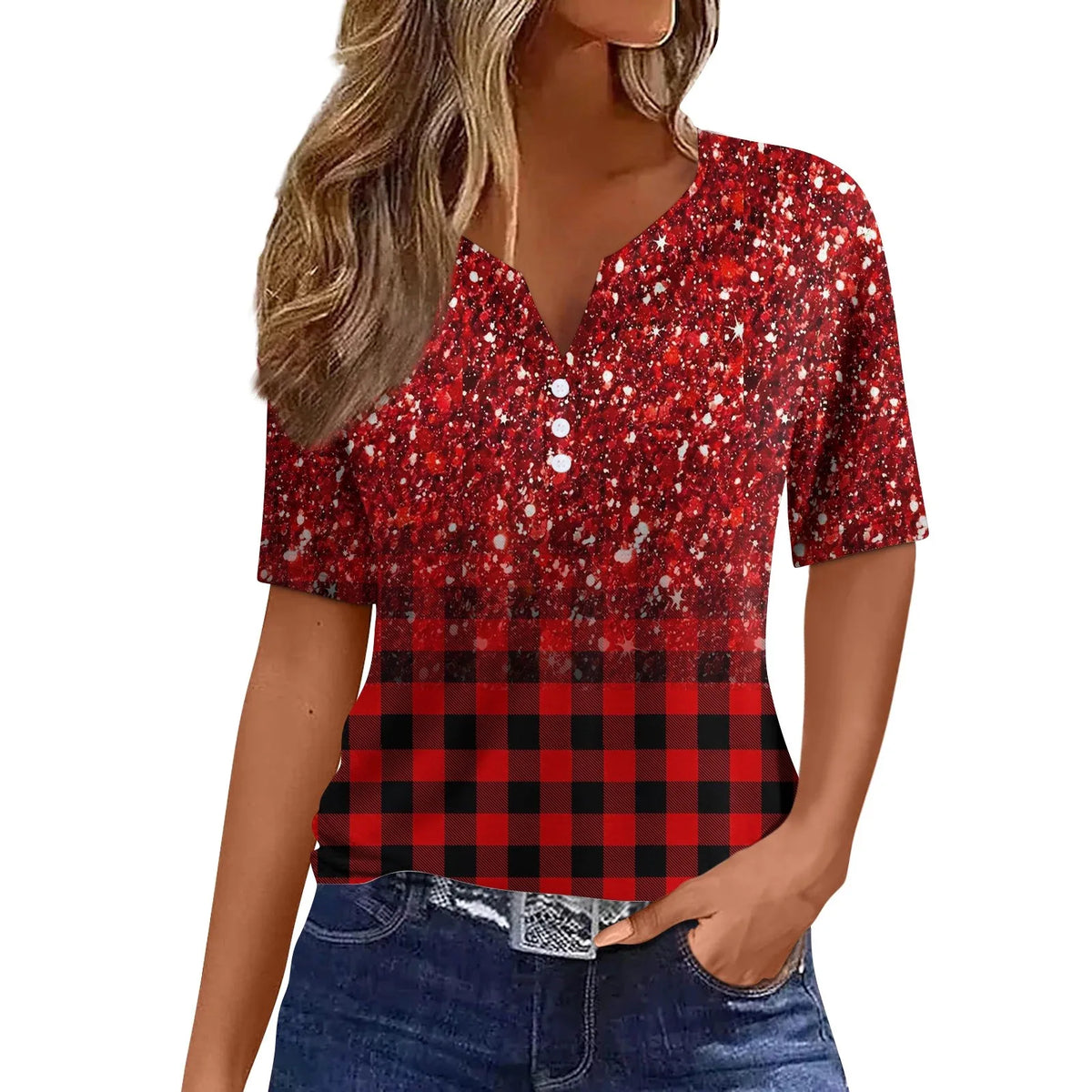 Women's Patchwork V-Neck Button T-Shirt | Casual Short Sleeve
