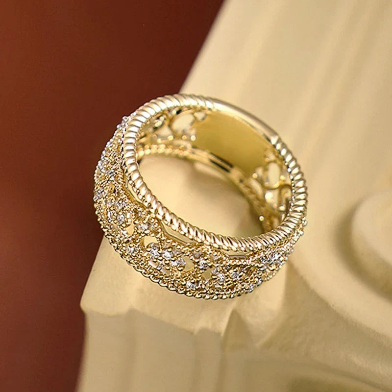 Huitan Vintage Hollow CZ Ring – Gold Tone Women's Jewelry