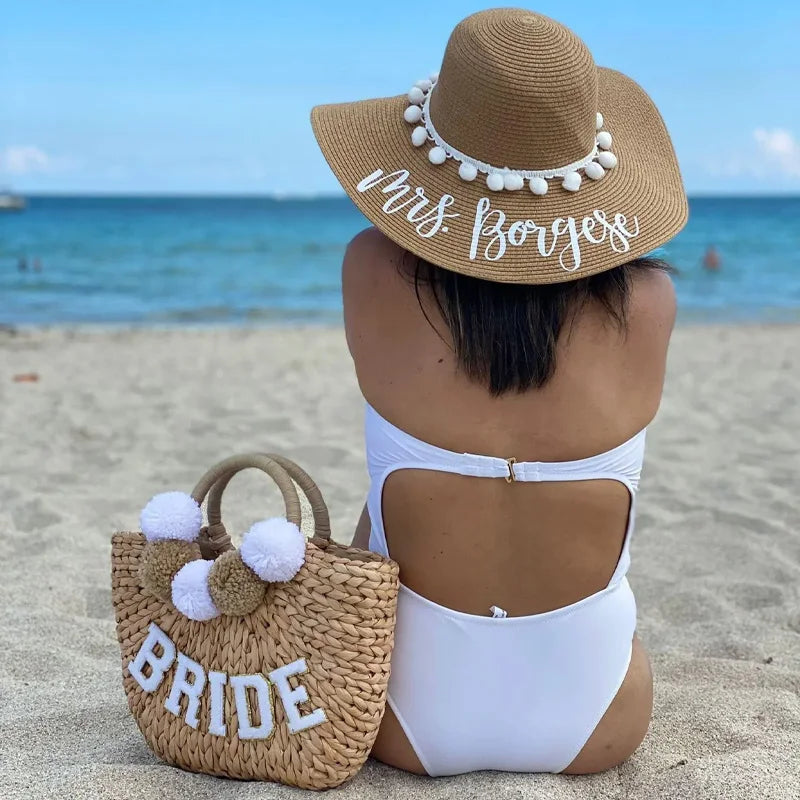 Personalized Mrs Straw Hat | Custom Floppy Beach Hat for Bride
