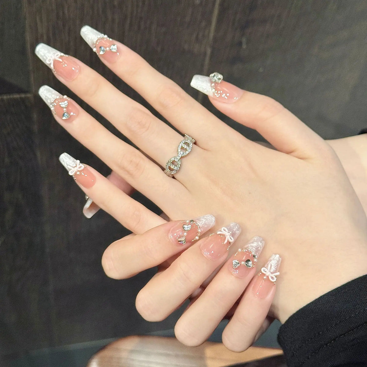 French Press-On Nails Sweet Bow Glitter Rhinestone 10pcs Set