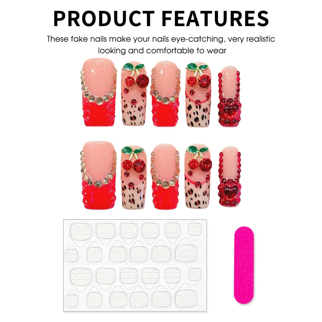 Cherry Red Leopard Press On Nails | Glitter Rhinestone French