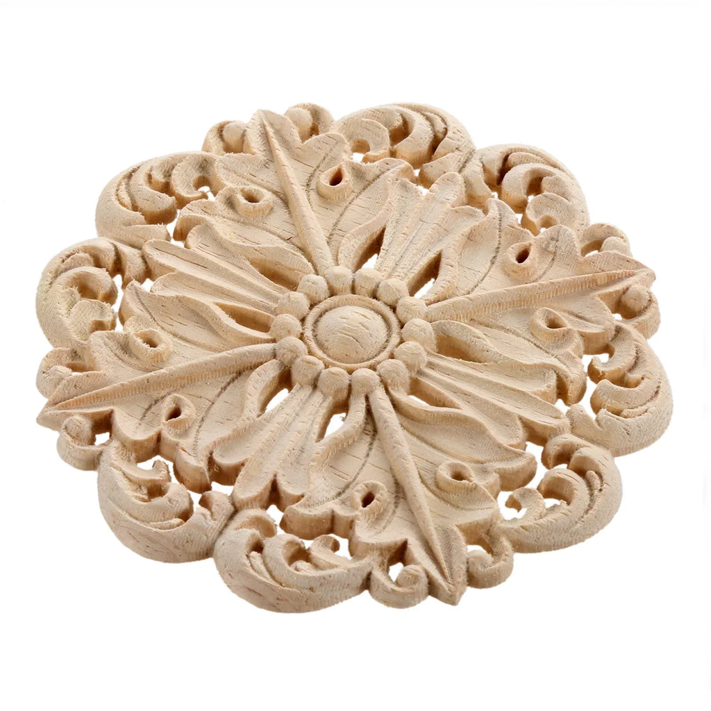 Retro Unpainted Wood Round Applique – Wall, Door & Furniture Decor