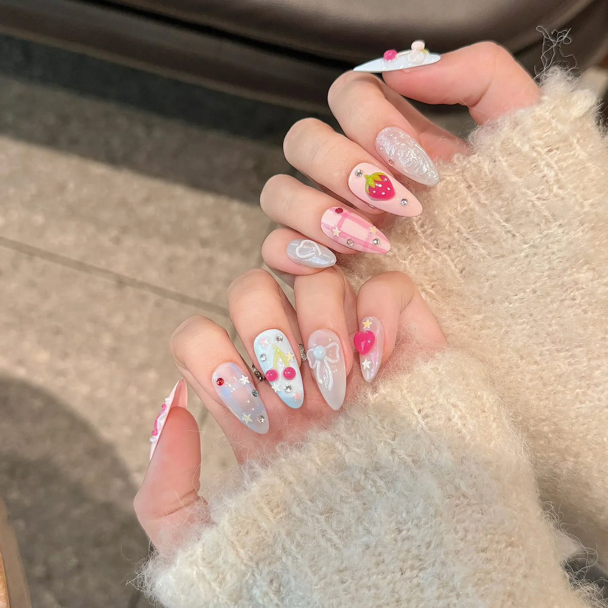 3D Press-On Nails Korean Sweet Pink Blue Almond Tips | YADORNOS