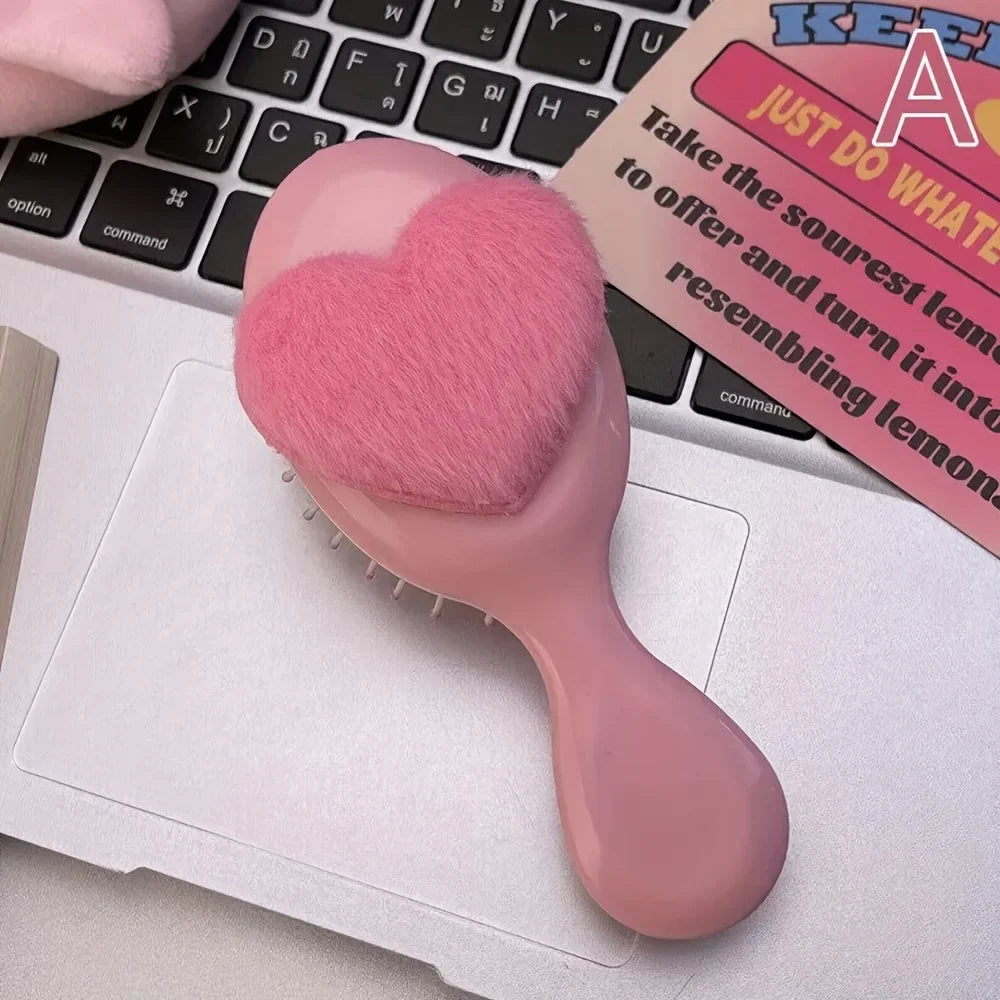 Plush Heart Mini Hair Brush & Mirror Set – Portable Pink