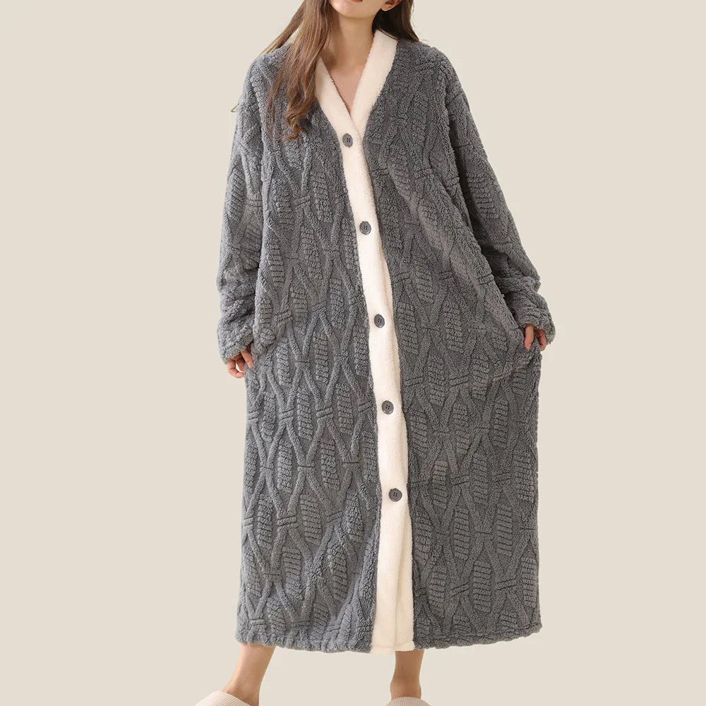Women's Flannel Robe – Soft V-Neck Button Long Nightgown