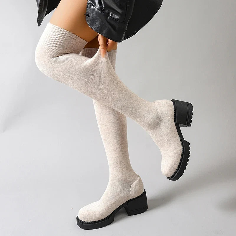 Women's Over-the-Knee Chunky Heel Stretch Knit Sock Boots