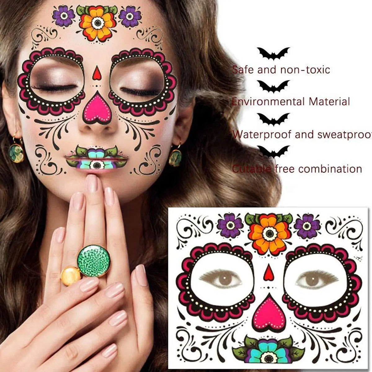 Halloween Skull Face Temporary Tattoo Stickers – Day of Dead