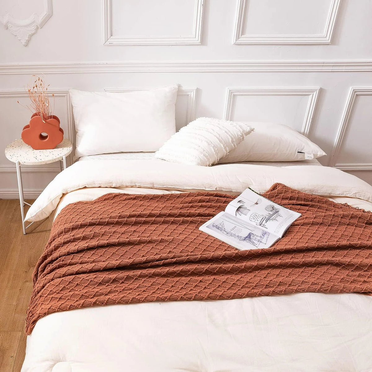 Battilo Orange Red Knitted Throw Blanket | Fall Plaid Decor