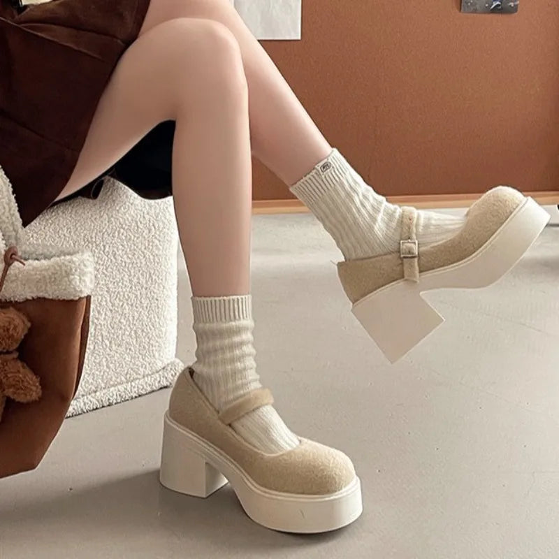Women's Faux Suede Chunky Heel Pumps – Buckle Strap