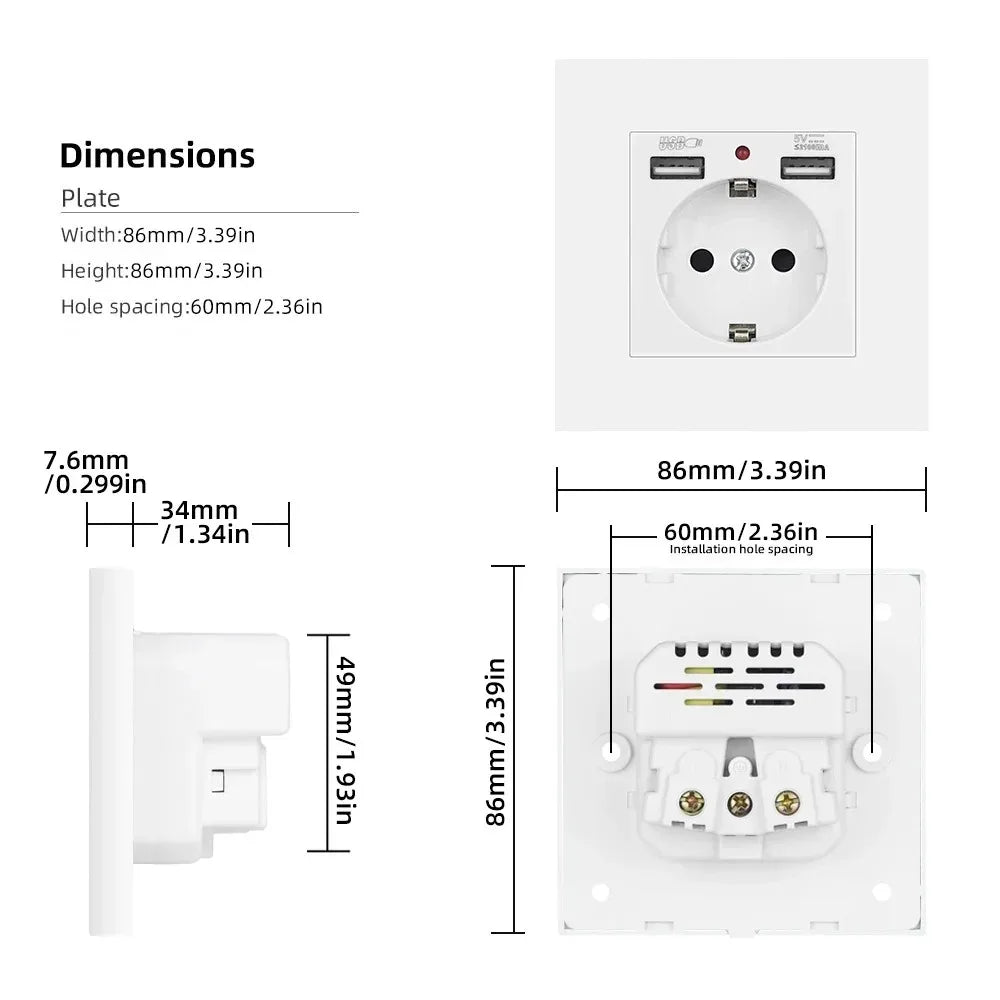 EU Wall Socket with USB & USB-C Port | 16A Gray 86mm Panel