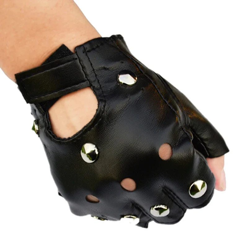 Black Studded Leather Fingerless Gloves – Rivet Half Finger
