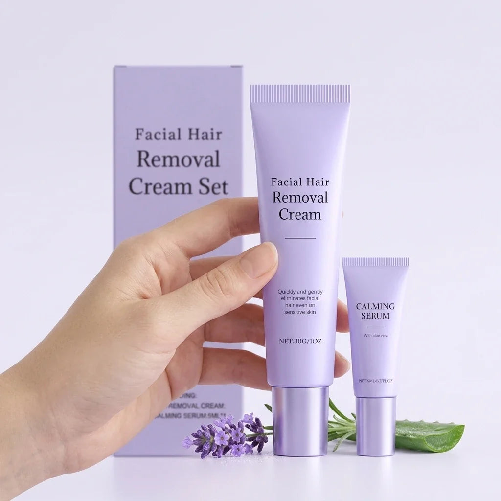 Painless Facial Hair Removal Cream & Calming Serum Kit