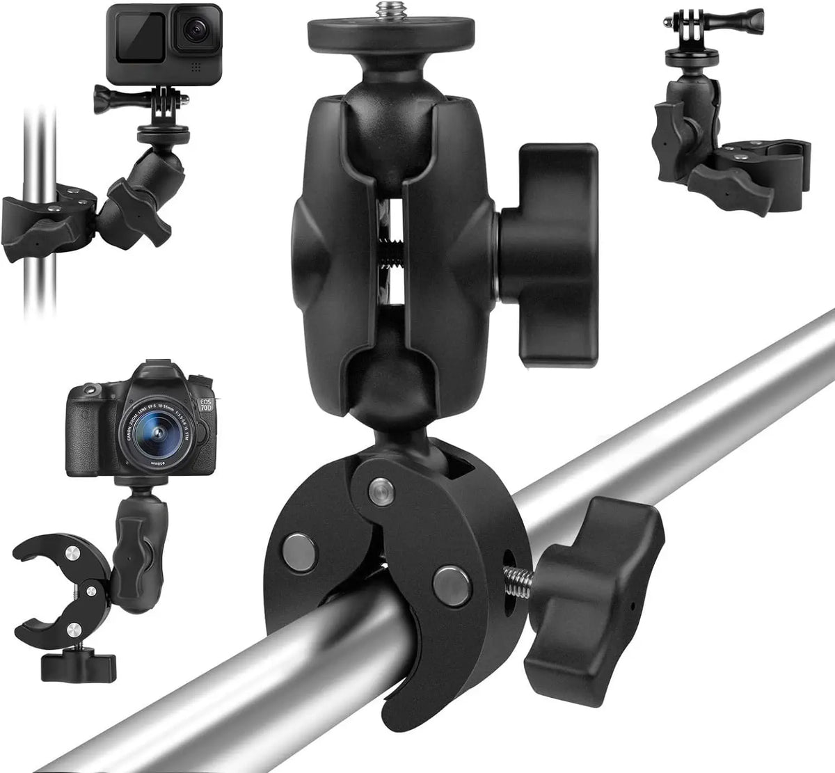 Dual-Head Super Clamp 1/4"-20 Ball Head Mount for GoPro DJI Phone